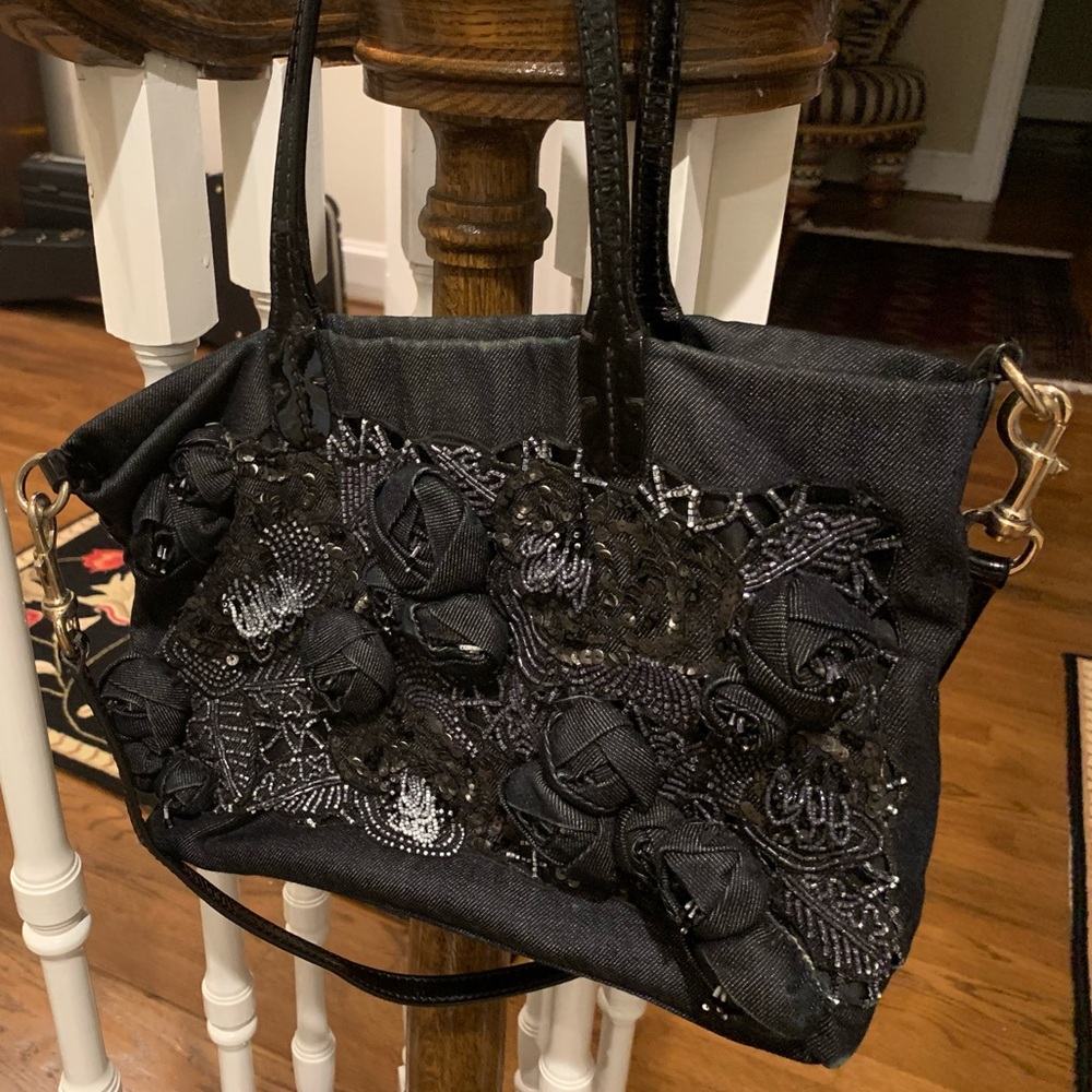 Valentino Dark Canvas Beaded Floral Applique Tote